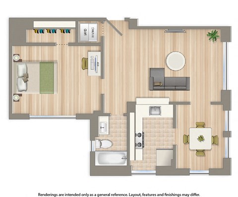 Floor plan for 1 bed, 1 bath, 646 sqft